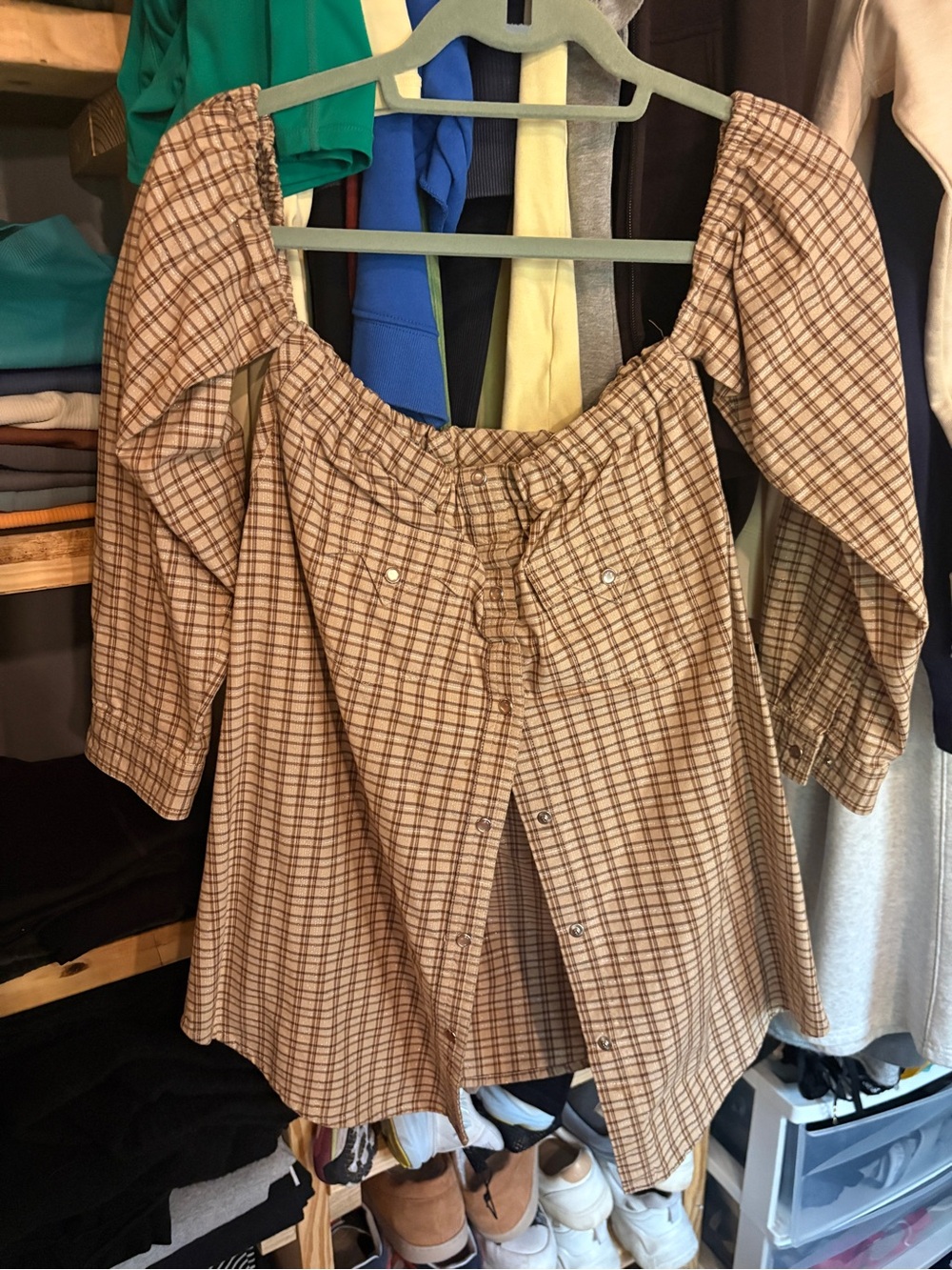 Womens western Brown Plaid Off-Shoulder Blouse